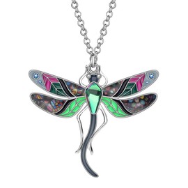 DOWAY Colorful Dragonfly Alloy Pendant Necklace Chain Jewelry Gift with Floral Enamel for Women Girls Spring Summer (Black)
