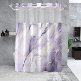 SSCRCUSLY - Cortina de ducha sin gancho con forro a presión, diseño de mármol púrpura, cortinas de ducha de tela impermeable lavables para decoración de baño con ventana superior de malla transparente
