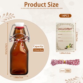 CONEHOY 14 Pcs 4 oz Amber Swing Top Brown Square Glass Bottles with Caps Sticker and Cotton Twines Flip Top Glass Bottle for Home Tea Vanilla Extract Beer Brew Oil Supply