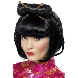 Smiffys Oriental Lady Wig, Black Mid Length with Chopsticks, Around The World Fancy Dress, Adult Dress Up Wigs