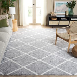SAFAVIEH Tahoe Shag Collection Area Rug - 8' x 10', Light Grey & White, Trellis Design, Non-Shedding & Easy Care, 1.2-inch Thick Ideal for High Traffic Areas in Living Room, Bedroom (THO676F)