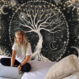 Dremisland Tree of Life Tapestry Trippy Mandala Wall Tapestry Sun and Moon Tapestries Black Galaxy Stars Tapestry Bohemian Aesthetic Wall Hanging Bedroom Home Decor (XL/175X230cm(69"X91"), Black)