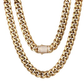 Luxfine 12mm Miami Cuban Link Chain 14K REAL Gold Plated Hypoallergenic Hip Hop Jewelry Premium Stainless Steel Necklace For Men Women Father Day Birthday Gift (No Color Fade, Doublesided Iced Out