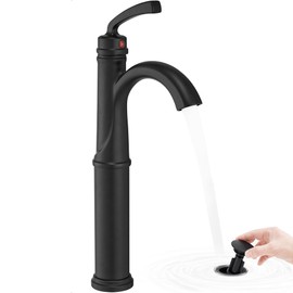 HOIGY Tall Bathroom Faucet Single Hole, Brass Vessel Sink Faucet Black with 1 Handle, Arched Aerator Spout, Pop Up Drain & Pre-Installed cUPC Water Hoses for Modern Style Bowl Sink, 5 Mins Install
