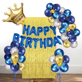 Blue and Gold Happy Birthday Decorations for Men Boys Girls, Hyballustw 58pcs Balloons with Happy Birthday Banner, Metallic Fringe Curtain, Golden Crown for Birthday 18th 21st 30th 40th 50th