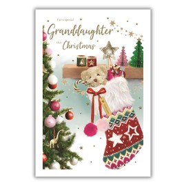 Granddaughter Christmas Card - Special Granddaughter - Teddy Bear Stocking - Artistic Festive Design - Special Finishes and Illustrated Insert Leaf - Made in the UK