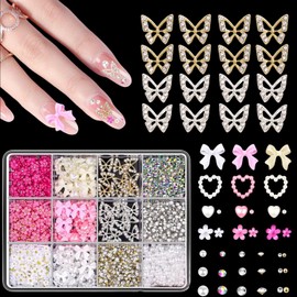 3D Nail Charms,White Pink Bow Heart Flower Pearl Nail Art Charms Butterfly Nail Gems with Gold Silver Caviar Beads,Nail Rhinestones Nail Art Decorations for Women Girls Manicure Design DIY Craft