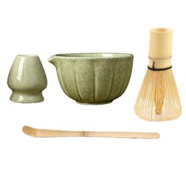Maedery Matcha Set,4PCS Exquisite Matcha Tea Set,Match Bowl with Spout and Whisk,Matcha Whisk Stand (Chasen Holder) for Matcha Tea Ceremony (Mottled Green)