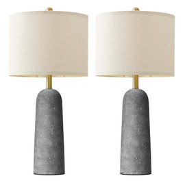 BOBOMOMO 27.25" Travertine Lamp Set of 2, Modern Lamps for Living Room with Linen Shades, Gray Resin Table Lamp with Natural Stone Look, Nightstand Lamp for Bedroom, Living Room, Entryway