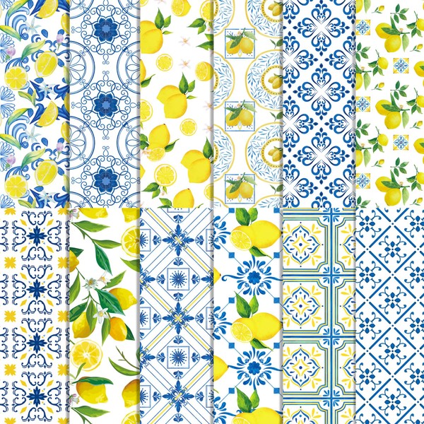 24 Sheets Blue Tiles Lemons Pattern Paper 12" x 12"