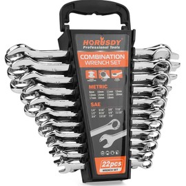 HORUSDY 22-Piece Wrench Set | Metric & SAE Combination Wrench Set with Organizer | 12 Point | Chrome Vanadium Steel