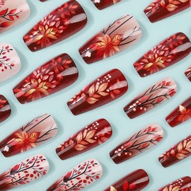 24 Pcs Fall Press On Nails Medium Coffin Fake Nails Leaf With Gradient Design Red Glossy False Nails Stick On Nails Full Cover Acrylic Nails For Women Autumn Nail Art Manicure
