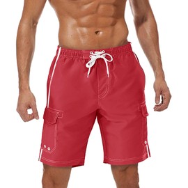 TACVASEN Swim Trunks Mens with Pocket Summer Shorts Board Swimming Quick Dry Water Shorts Lightweight Swimwear Boardshorts Red