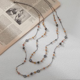 FULU AUTUMN Women’s Long Pearl Necklace, Silver and Black Statement Chain, Fashion Jewellery, Vintage Jewellery, Birthday Gifts, Pearl Crystal, No Gemstone