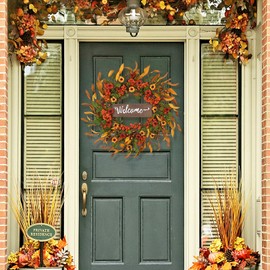 MARTINE MALL Artificial Fall Wreath, 20 Inch Autumn Wreath for Front Door Artificial Fall Daisy Wreath Harvest Wreath with Lavender Thanksgiving Wreath Fall Front Door Wreath for Farmhouse Window Wall