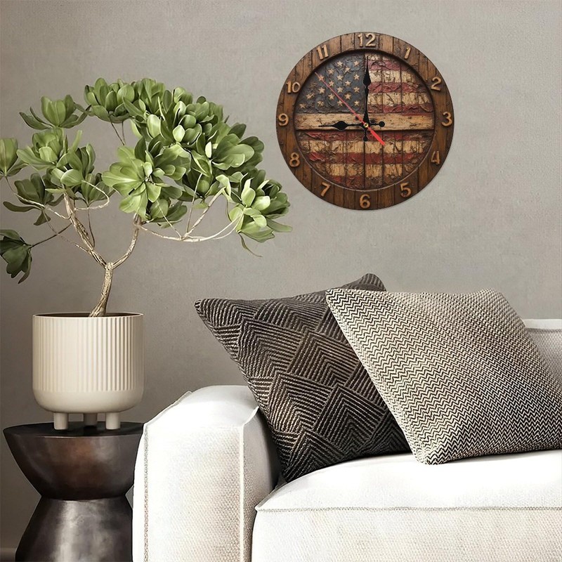 American Flag Rustic Wood Wall Clock Distressed Design Home Decor