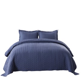 MarCielo 3 Piece Lightweight Bedspread Quilt Set Microfiber Quilt Bedspreads Bed Coverlet Set Prewashed Leaf (Navy Blue, King)