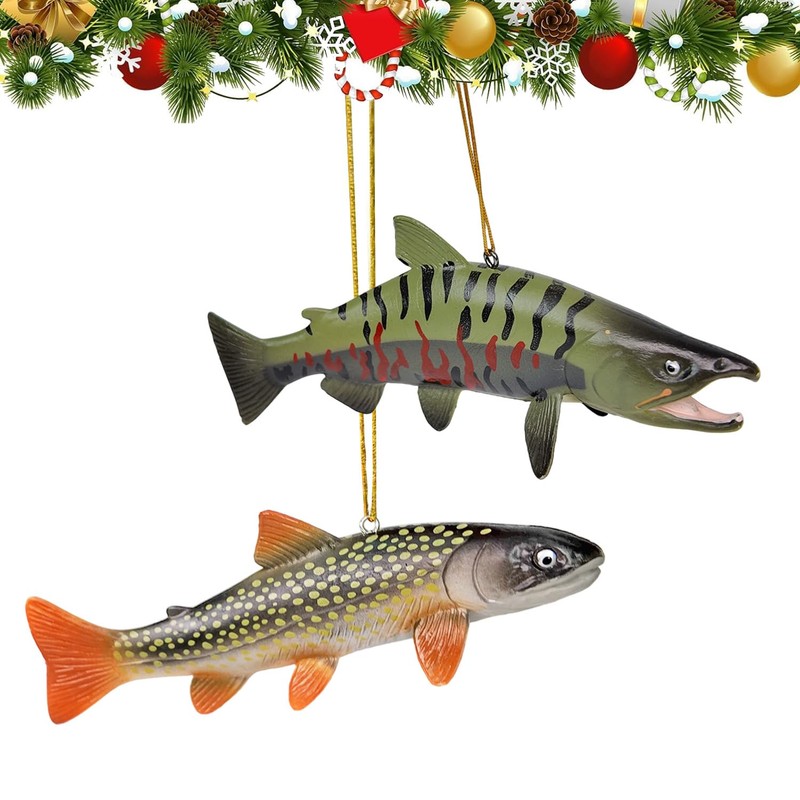 KOJIGIC 3D Brook Trout and Salmon Christmas Tree Ornament Set,