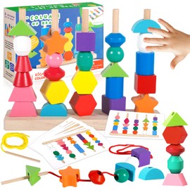 ZZQVIP Colourful Montessori Toy from 3 4 5 6 7 8 9+ Years, 2-in-1 Wooden Toy Threading Game Stacking Game Sorting Game Motor Skills Toy with Cards Fine Motor Skills Gift for Boys Girls and Children