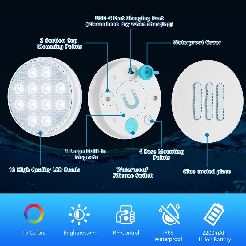 QOLNBY Pool Lights, Rechargeable Submersible LED Lights, IP68 Waterproof Underwater
