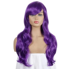 Wigs for Women Girls Long Wavy Heat Resistant Fiber Wigs Side Bangs Cosplay Party, Women's Wigs with Bangs Long Fluffy Curly Wavy (Purple)