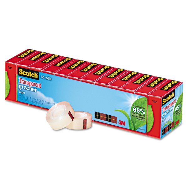 Scotch Transparent Greener Tape, 12 Rolls, 3/4 x 900 Inches,