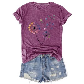 Womens Vintage Flowers T-Shirts Cute Floral Graphic Tees Wildflowers Cottagecore Tshirts Summer Casual Short Sleeve Tops(Purple,L)