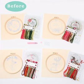 Embroidery Kits Christmas 4set with Patterns and Instructions, DIY Adult Christmas Cross Stitch Kits, Including 4 Plastic Embroidery Rings, 1 Pair of Scissors, Colored Threads and Needles
