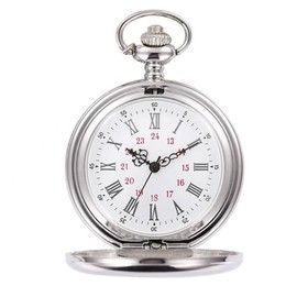 Lveal Smooth Metal Case Vintage Pocket Watch Classic Steel Men Quartz Watch 24H Military Markers Pocket Watch with Chain