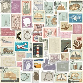 Vintage Stickers, 50PCS Retro Stamp Postmark Travel Sticker Decor for Laptop Water Bottles Skateboard Suitcase Scrapbook Luggage Decals for Student Adults Kids Teens - Vintage Stamp