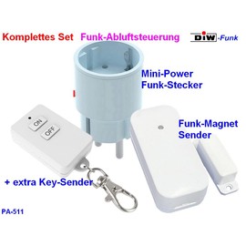 DIW-Funk Exhaust Control PA-511 Economy Set Window Contact Switch DFM-2000 + Power Plug DIR-2300 + Key Transmitter DKS-10 Wireless for Cooker Hood Fireplace Oven