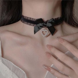 Allereya Vintage Black Lace Choker Necklace Pearl Heart Choker Necklace Gothic Hollow Lace Necklaces 90s Victorian Tattoo Necklace Jewelry for Women and Girls