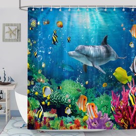 Ocean Fish Shower Curtain，Underwater World Sea Dolphin Tropical Fishes Coral Bathroom Curtains Decor Set, Polyester Fabric Waterproof Bath Curtains with 12 Hooks, 72X72 Inch