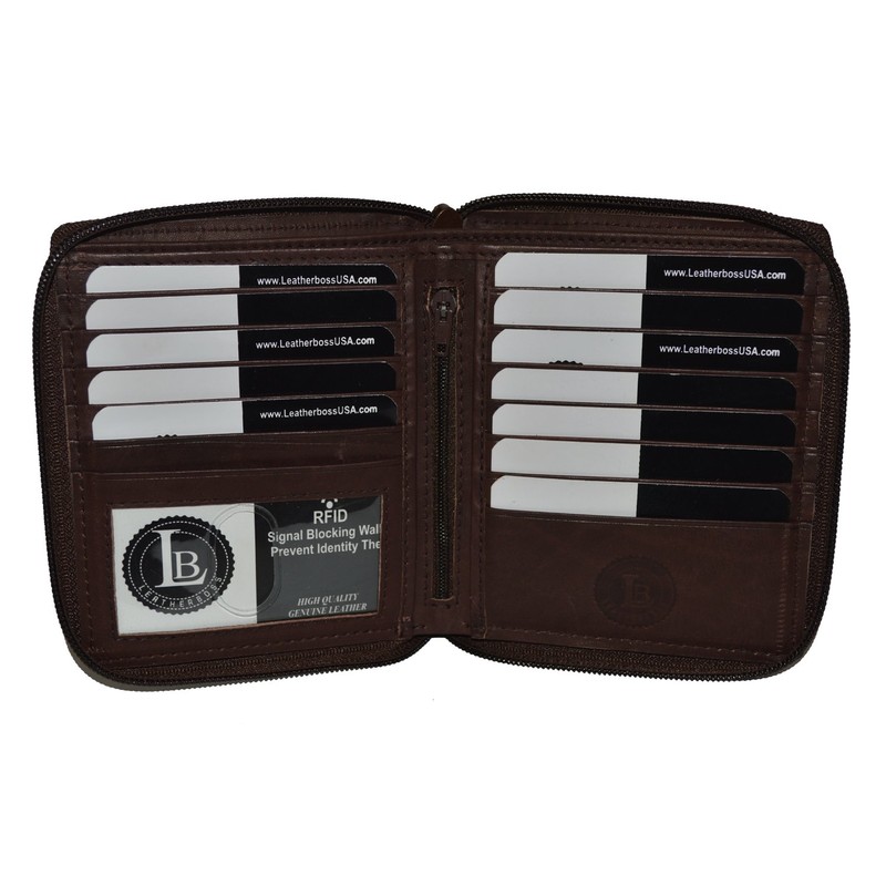 Leatherboss Genuine Leather RFID protected Hipster All Around Zipper Bifold