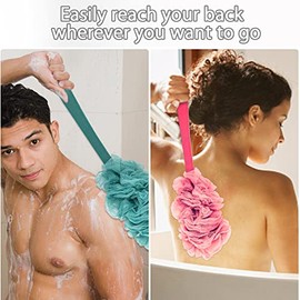 Evmliy Paquete de 4 cepillos para la espalda para la ducha, cepillo de esponja de lufa exfoliante para el cuerpo, cepillo de mango largo para la ducha con lufa en un palo para uso en la espalda, acce