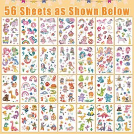 Partywind 670 Mixed Styles (56 Sheets) Glitter Kids Tattoos, Surprise Party Supplies Favors with Dinosaur/Mermaid/Space, Goodie Bag Stuffers Birthday Games Prizes for Boys Girls