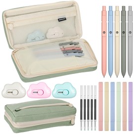 Ctosree 25 Pcs Aesthetic School Supplies Include Big Capacity Pencil Case 6 Pcs Cute Pastel Highlighters 5 Pcs Retractable Black Ink Pens 10 Pcs Refills 3 Pcs Cute Mini Cloud Portable Box Cutter