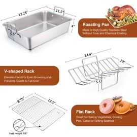 Roasting Pan, E-far 15.2 Inch Stainless steel Turkey Roaster with Rack - Deep Broiling Pan & V-shaped Rack & Flat Rack, Non-toxic & Heavy Duty, Easy Clean & Dishwasher Safe