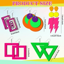 Misdary 12 Pairs 80s 90s Earrings for Women Neon Earrings Retro Earrings Pendant Geometric Cassette Tape Jewelry Colorful Neon Wooden Earrings Drop and Dangle Earrings for 80's Glow Party Accessories
