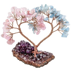 Nupuyai Rose Quartz & Aquamarine Crystal Tree with Amethyst Cluster Base, Love Heart Money Tree Figurines Fengshui Ornament for Home Office Wedding Decoration