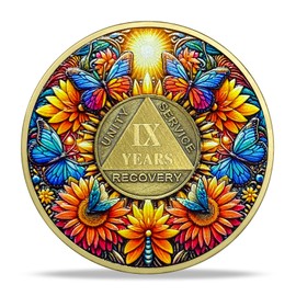 9 Year Sobriety Coin Gifts Set | Sunflower & Butterfly Design AA Chip Medallion with Coin Capsule, Display Stand & Card | Sobriety Gifts for Anniversary Month & Year for Men & Women in Recovery