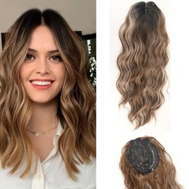 onemily Hair Toppers for Women 20 Inch Long Curly Hair Topper with Blonde Highlights Clip In Hair Topper Add Hair Volume Synthetic Wiglets Hair Pieces For Women (Brown)