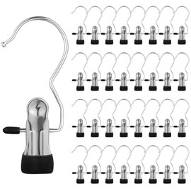 Pack of 40 Stainless Steel Clamp Hooks: Non-Slip Mini Clothes Hanger Clips 360° Rotating Clamp Hook for Socks, Gloves, Shoes, Towels, Scarves, Black