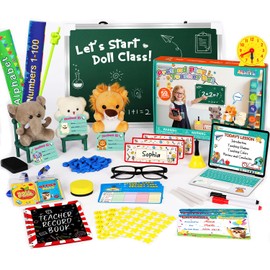 Alritz Pretend Play Teacher Set, School Stuff, Role Play Preschool Learning Activities Classroom Set for Girl Boys Include Dolls, Toy Laptop, Black Board, Birthday Gift 5 6 7 8 9+ Years Old