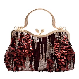 lapulio Vintage sequined velvet evening bag flower hardware handbag suitable for banquet wedding party formal occasions(Burgundy)