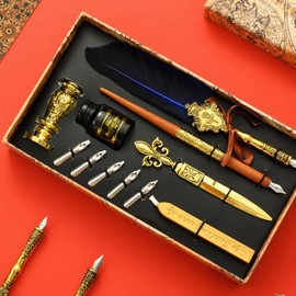 Joyeee Feather Calligraphy Pen and Ink Set, with Wax Seal Stamp Kit, Sealing Wax Spoon, Writing Paper, Dip Pen Wood, Craft Decoration Pen, Feather Pen Holder Stand, Gift Box for Writing, Royal Blue