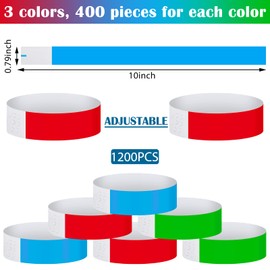 Tudomro 1200 Pack Plastic Paper Wristbands for Events Neon Party Wrist Bands Colored Waterproof Concert Identification Hand Bands Lightweight Adhesive Wristband(Red, Green, Blue)