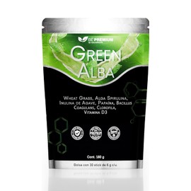 Natural Health Green Alba | Jugo Verde en Polvo con Probióticos, Espirulina, Clorofila, Inulina y Vitamina D3 | Sabor Piña | 30 Sticks de 6 g | 180 g