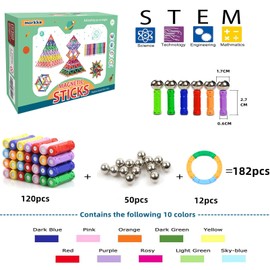 morkka 182 Pieces Puzzle Magnetic Building Blocks Toy Magnetic Building Kit Montessori Education Toy for Children Play Stacking Game with Magnetic Bricks and Sticks