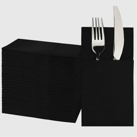 Servilletas de cena negras con bolsillo integrado para cubiertos, servilletas similares a tela, servilletas desechables de tacto de lino para cocina, baño, fiestas, bodas, cenas o eventos, 16 x 16 pulgadas, paquete de 50 unidades